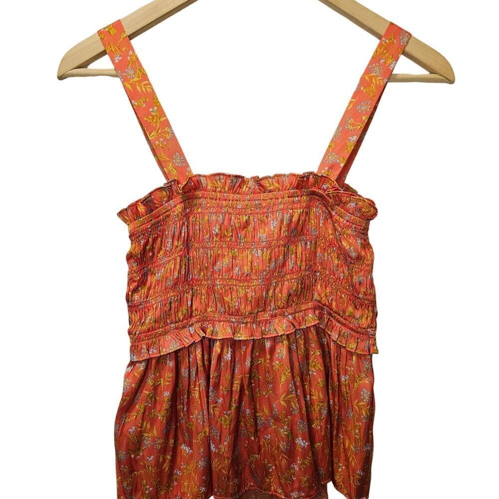 J. Crew Satin Floral Feartherweight Peplum Tank Coral Smocked Size Medium - Picture 9 of 10